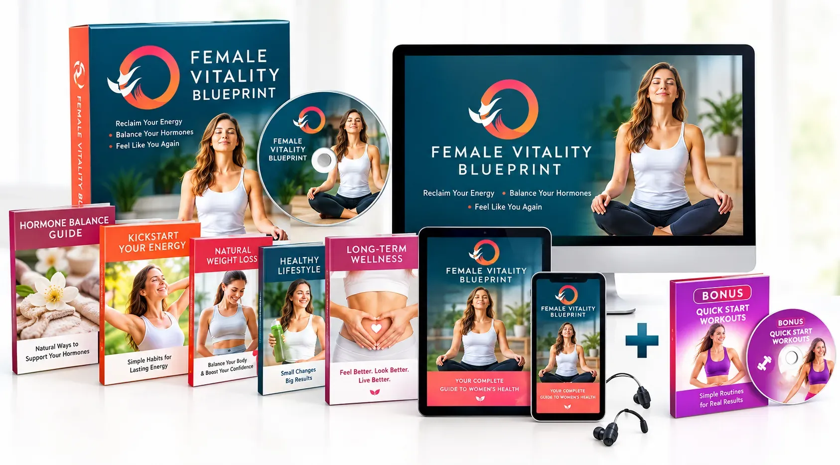 Female Vitality Blueprint promotional mockup showing the program branding on a box, disc and desktop, tablet and phone screens